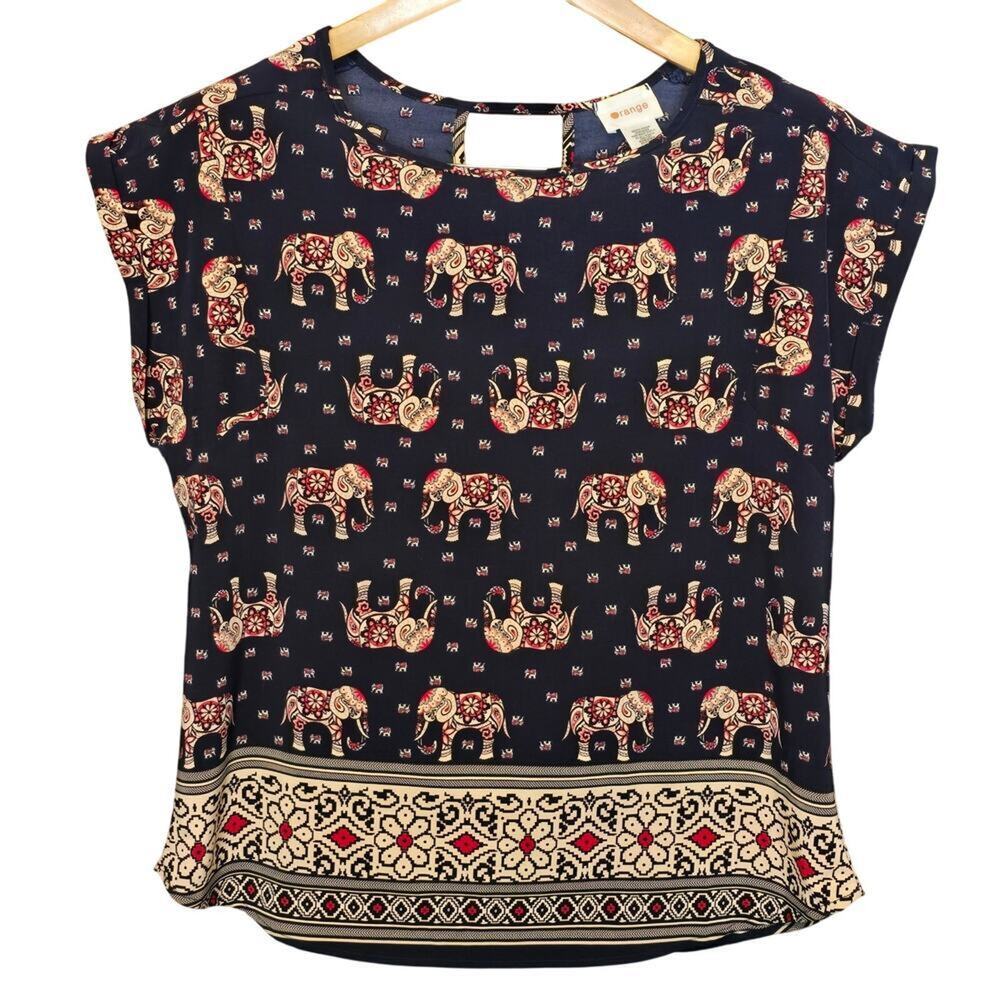 Orange Top Womens Size Large Elephant Print Cap Sleeve Lightweight Preppy Casual